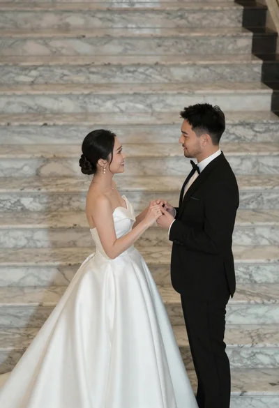 Bride and groom holding hands on wide marble stairs in grand interior