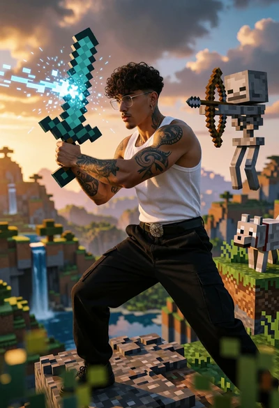 Muscular man in combat stance on cliff edge with pixelated sword