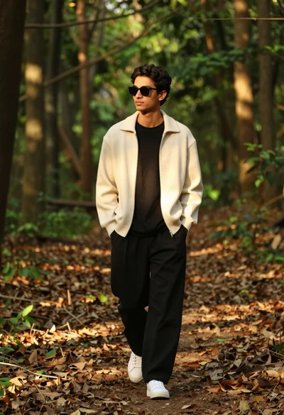 Young man walking through sun dappled forest path wearing stylish cardigan