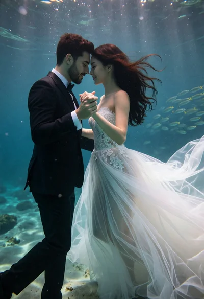 Romantic underwater portrait of couple slow dancing in blue water