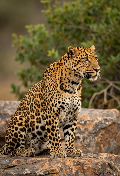 Majestic leopard sitting in profile on rocks overlooking green jungle foliage