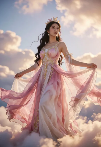 Woman in pink white gown floating among fluffy clouds under bright sky