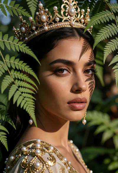 Close up portrait of woman in golden crown amidst lush green fern