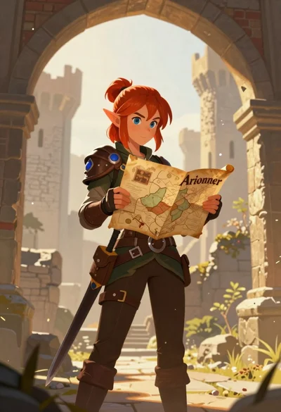 Elf woman reading map in ruined castle archway
