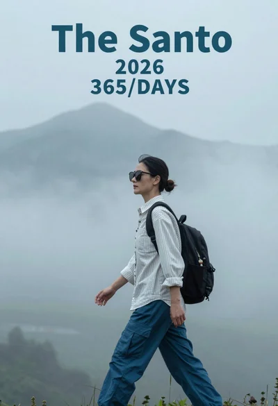 Woman in white shirt walking through misty mountains with fog
