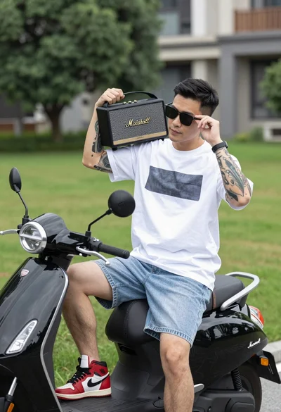 Man sitting on black scooter adjusting sunglasses outdoors with speaker