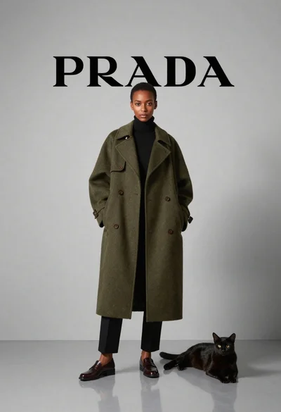 Black woman in olive coat with cat in studio
