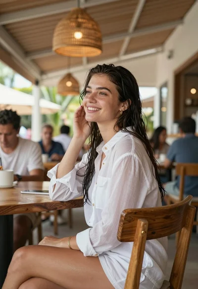 Young woman in white sheer dress sitting at cafe table outdoors
