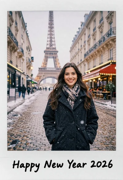 Smiling woman in winter coat on snowy parisian street near eiffel tower