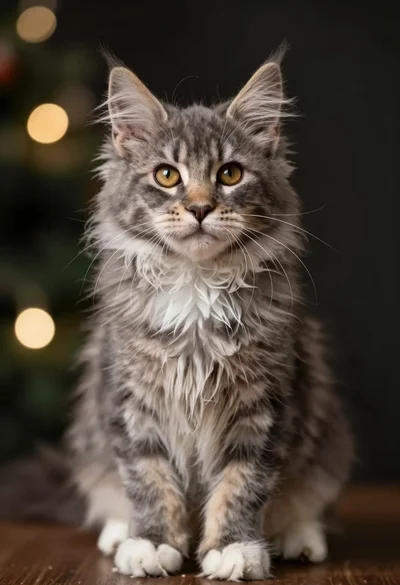 Close up portrait of fluffy grey tabby kitten with white paws