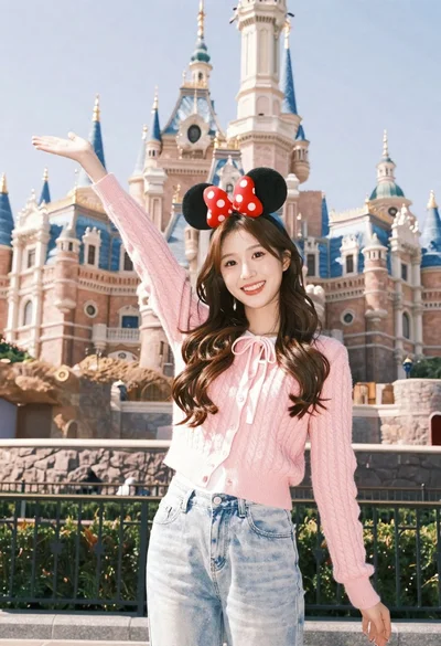 Smiling young woman in pink cardigan standing before a grand castle