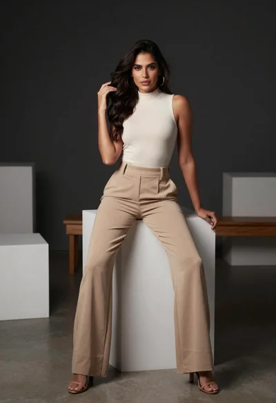 Woman in cream bodysuit posing against white block in dark studio