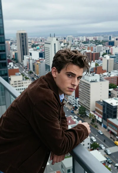 Handsome man leaning on railing overlooking sprawling cityscape from balcony