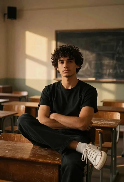 Young man with dark curly hair sitting at wooden desk in classroom