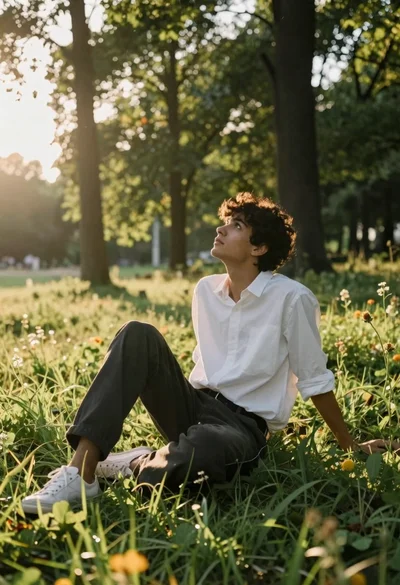 Young man in white shirt sitting on grass in forest clearing at