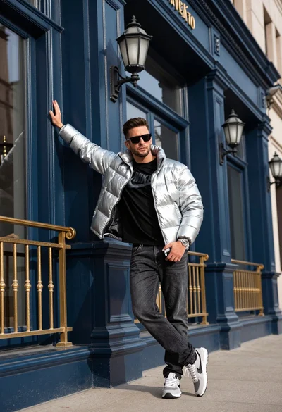 Stylish man leaning against ornate dark blue architecture on an urban street