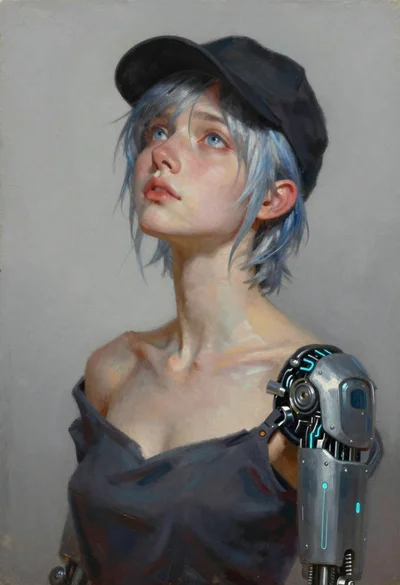 Oil painting portrait of woman with cybernetic arm