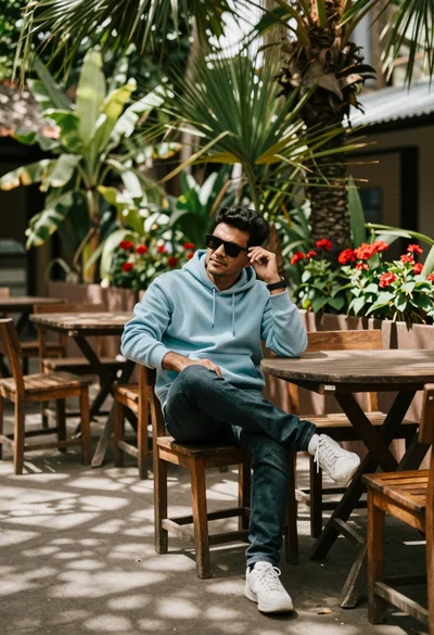 Man in blue hoodie sitting at wooden table in lush garden setting