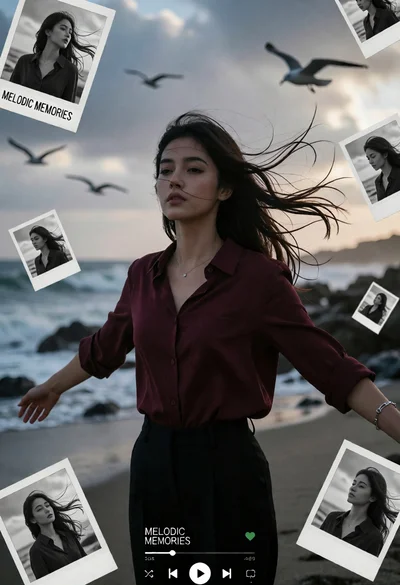 Young woman on rocky beach surrounded by floating polaroid memories