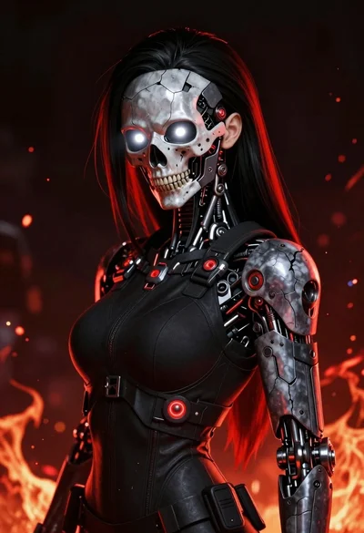 Cybernetic woman portrait with glowing eyes and armor