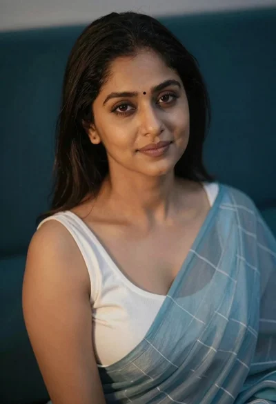 Close up portrait of woman in blue sari against dark teal background