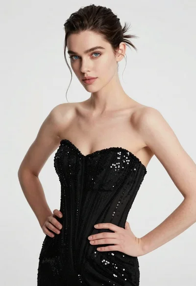 High fashion portrait of woman in sequined black gown against white studio