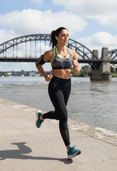 Fit woman jogging on stone embankment near large steel arch bridge