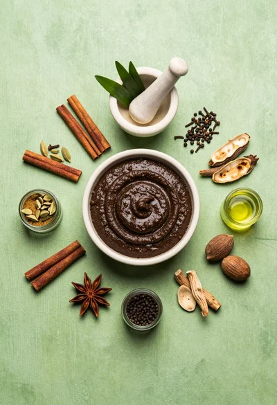 Flat lay arrangement of ayurvedic ingredients on a textured green surface