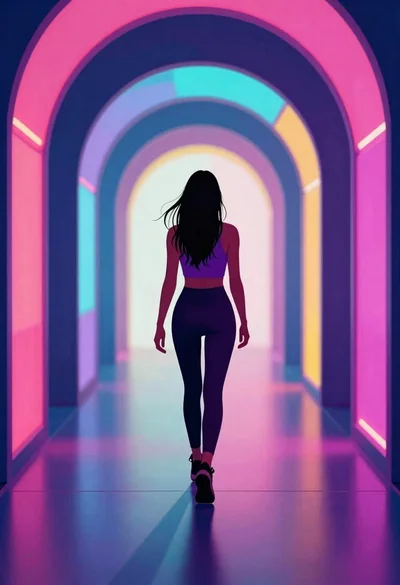 Woman walking through a vibrant neon futuristic tunnel