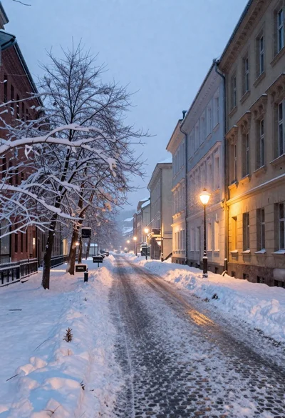 Snow covered european city street at dusk