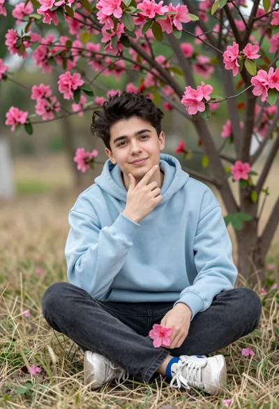 Young man sitting cross legged in grassy field with pink blossoms