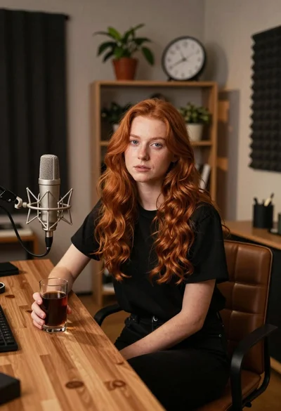 Young woman with red hair seated at wooden desk in cozy studio