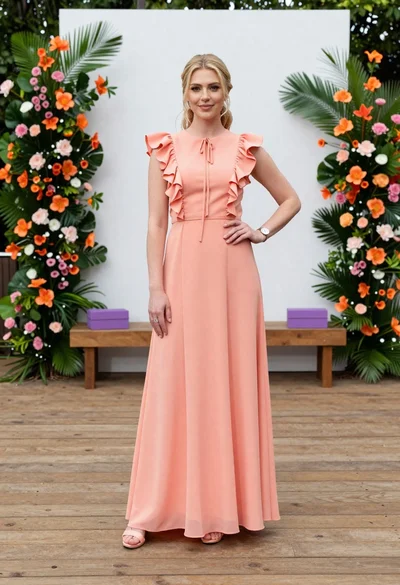 Blonde woman in peach gown posing outdoors at an elegant event space
