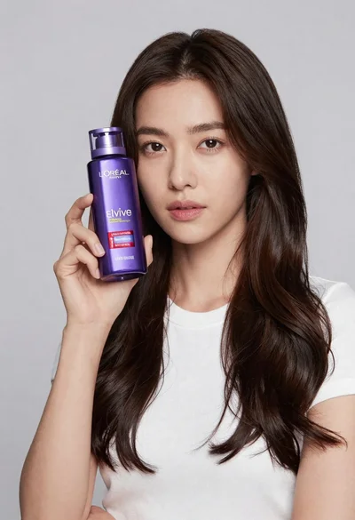 Woman holding purple hair product against cheek in studio setting