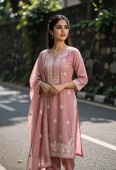 Young woman in pink embroidered salwar kameez on paved road outdoors