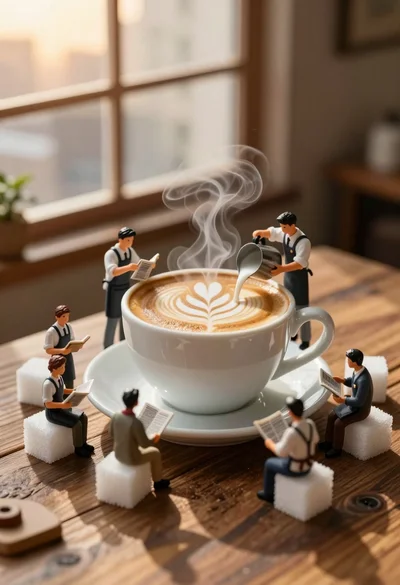 Miniature baristas working around giant coffee cup on rustic wooden table