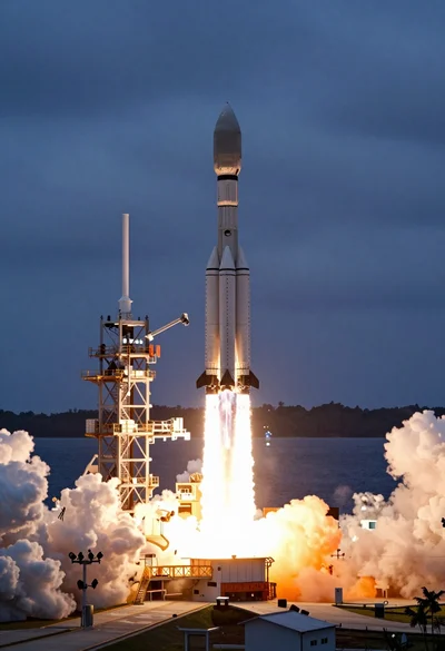 Massive white rocket launching from coastal pad against twilight sky