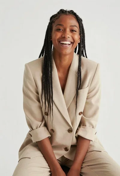 Smiling woman with dark braids wearing beige blazer in studio setting