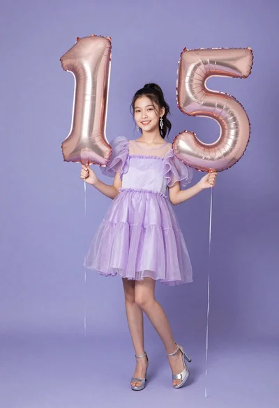 Teenage girl in purple dress holding number balloons