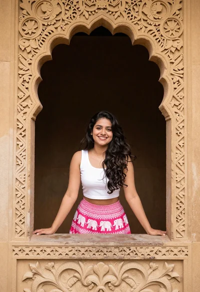 Smiling woman in white top and pink skirt framed by carved stone