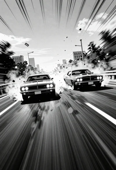 Two vintage muscle cars speeding on an urban highway