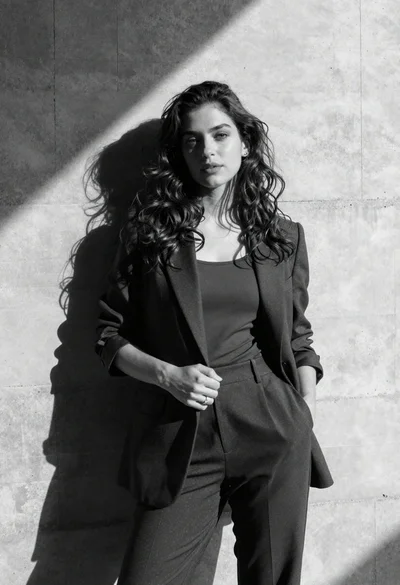 Young woman leaning against concrete wall in black and white photograph