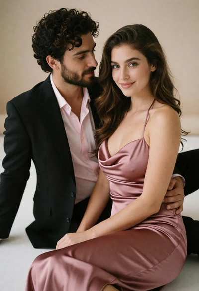 Romantic studio portrait of couple seated on white surface against beige backdrop