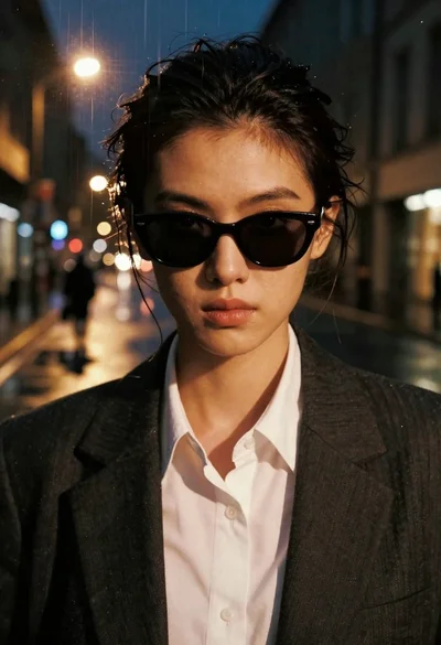 Close up portrait of woman with dark hair and sunglasses against rainy