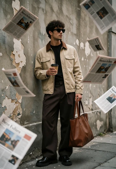 Stylish young man in beige jacket against weathered concrete alleyway backdrop