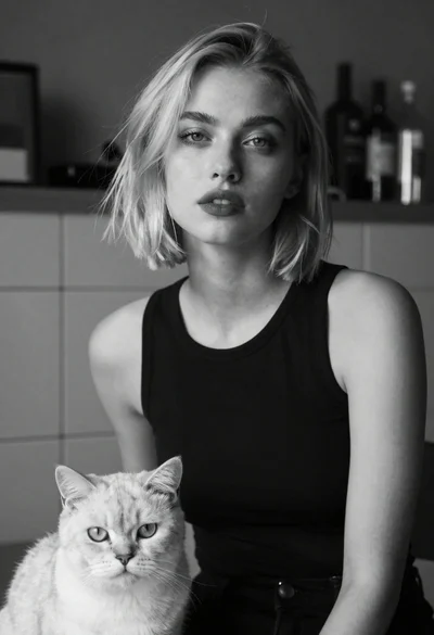 Monochrome portrait of woman with cat indoors