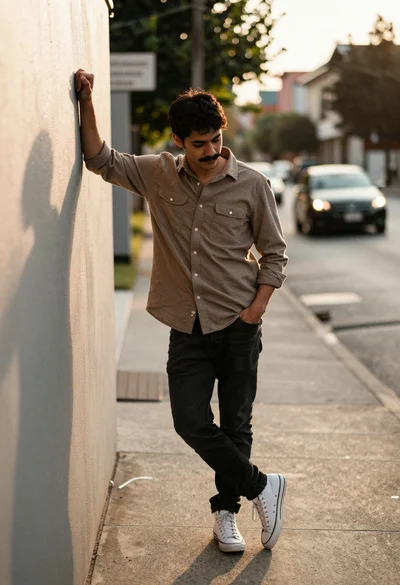 Young man leaning against textured wall on urban street at golden hour
