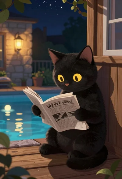Black kitten reading newspaper by glowing pool at night