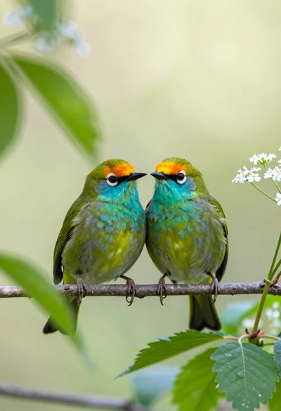Two vibrant green birds perched closely on a twig amidst soft foliage