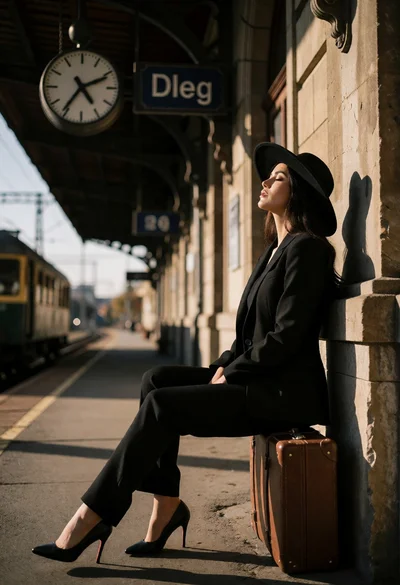 Woman in black suit seated on suitcase at old train station platform